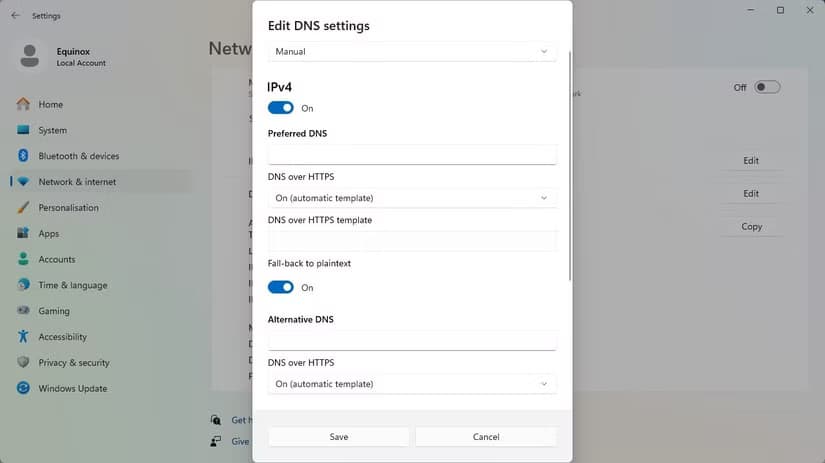 The setting to enable DNS over HTTPs on Windows 11.