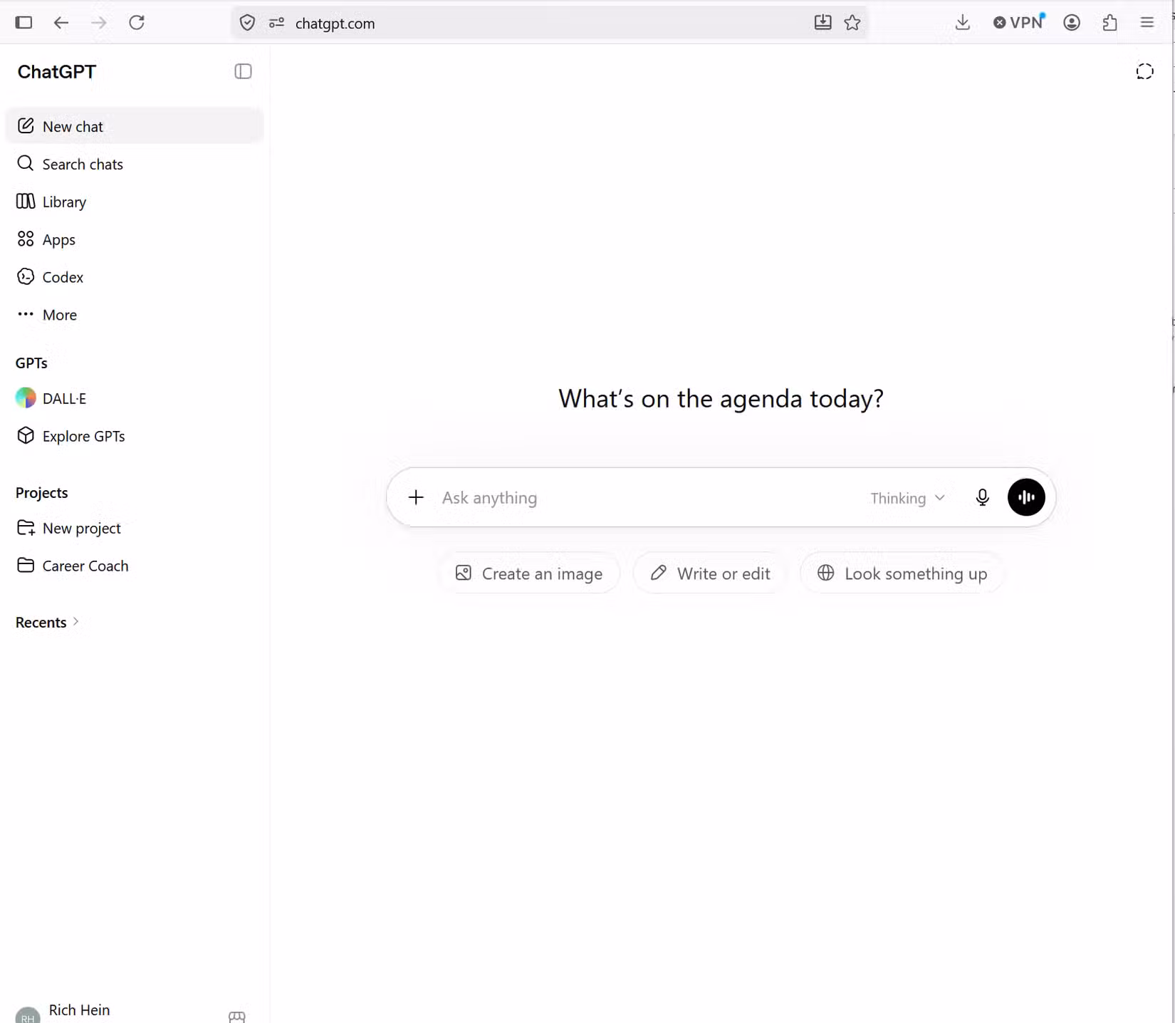 A screenshot of ChatGPT open to its home page.