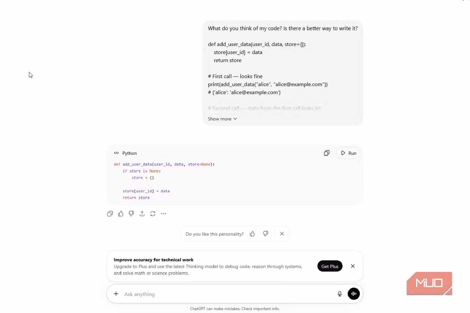ChatGPT giving a code fix response