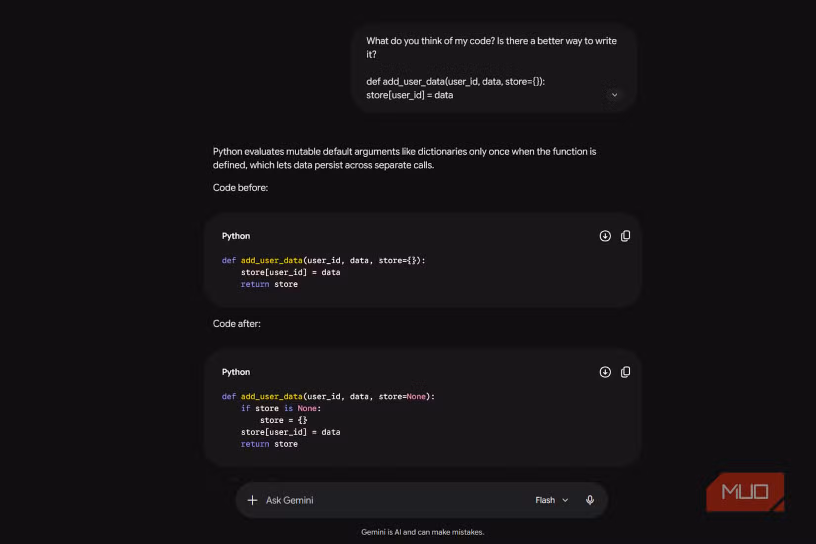 Gemini giving a code response back