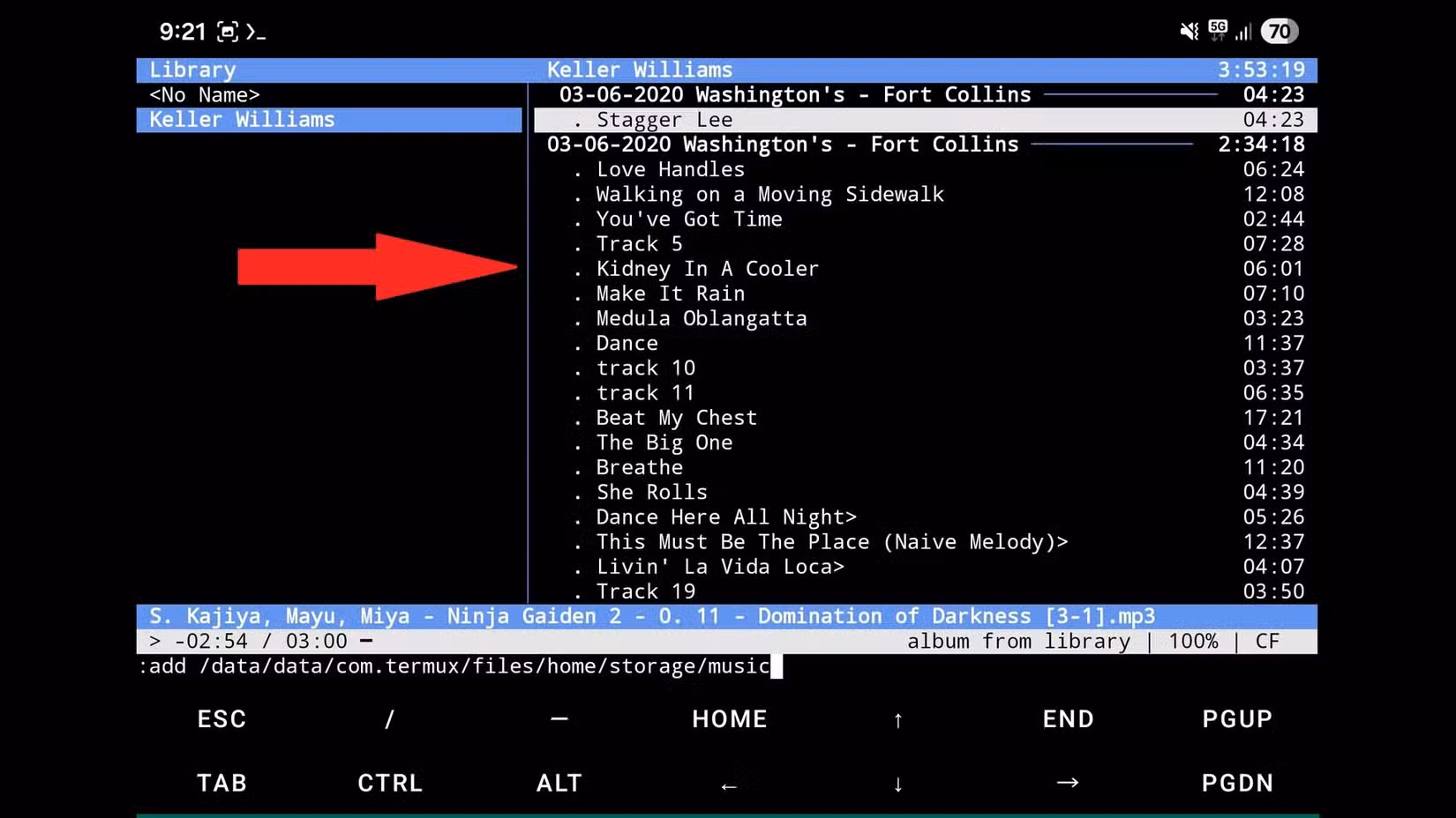 Using commands in cmus to play back some songs.