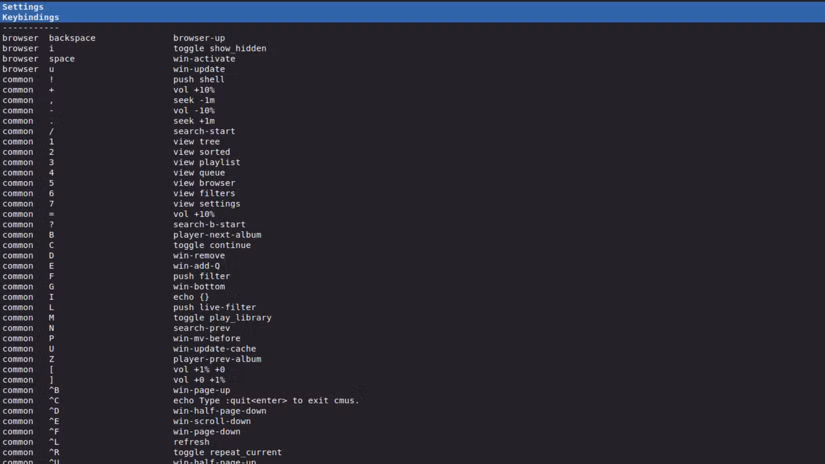 A screenshot of the different keybindings settings in cmus.