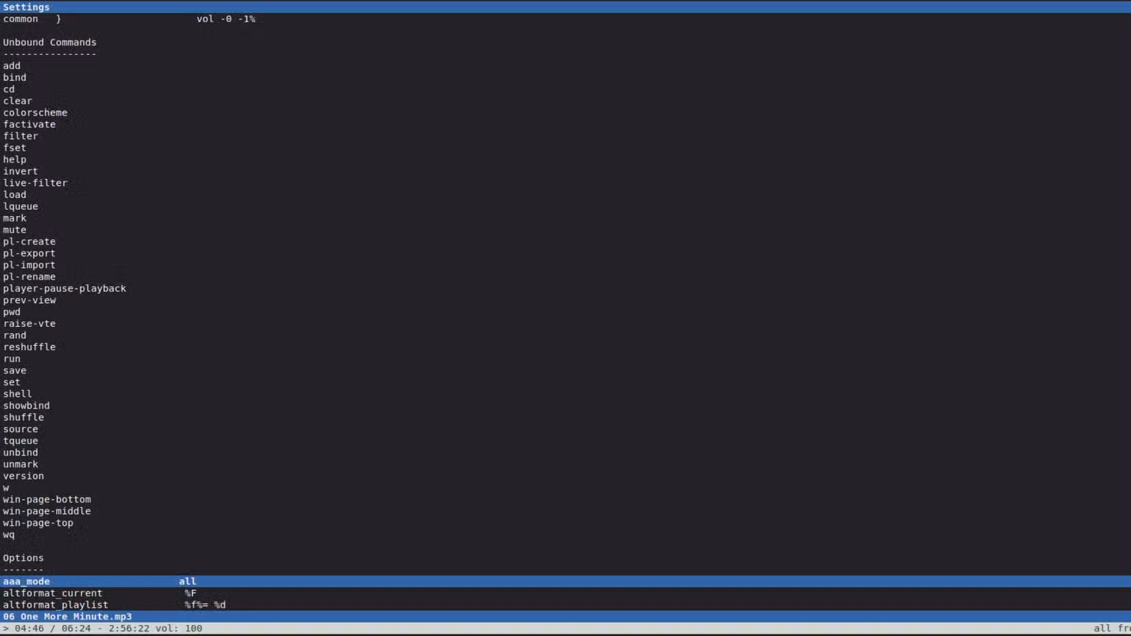 A screenshot of the unbound commands that must be entered in the command line in cmus.