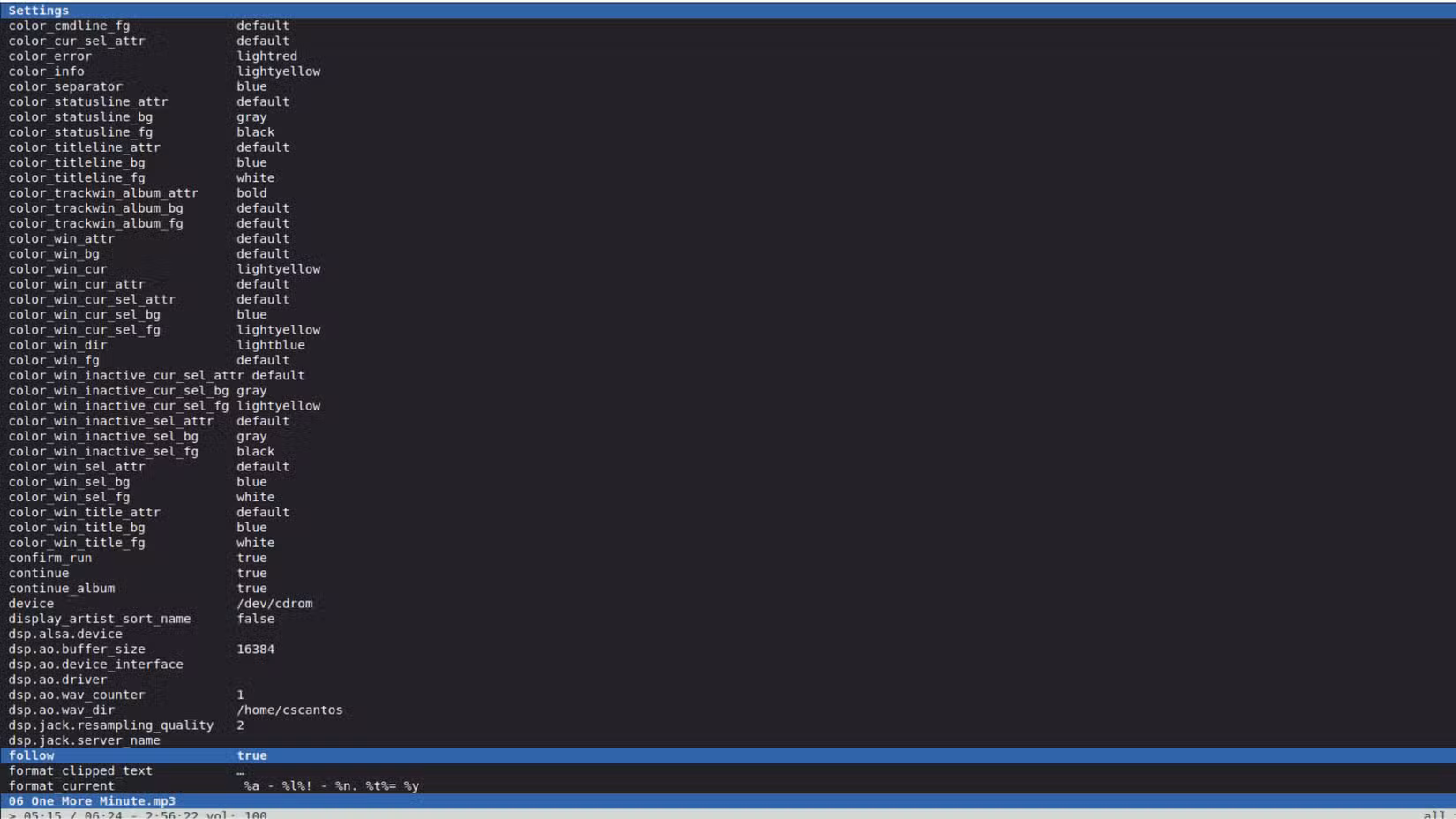 A screenshot of various customization settings in cmus.