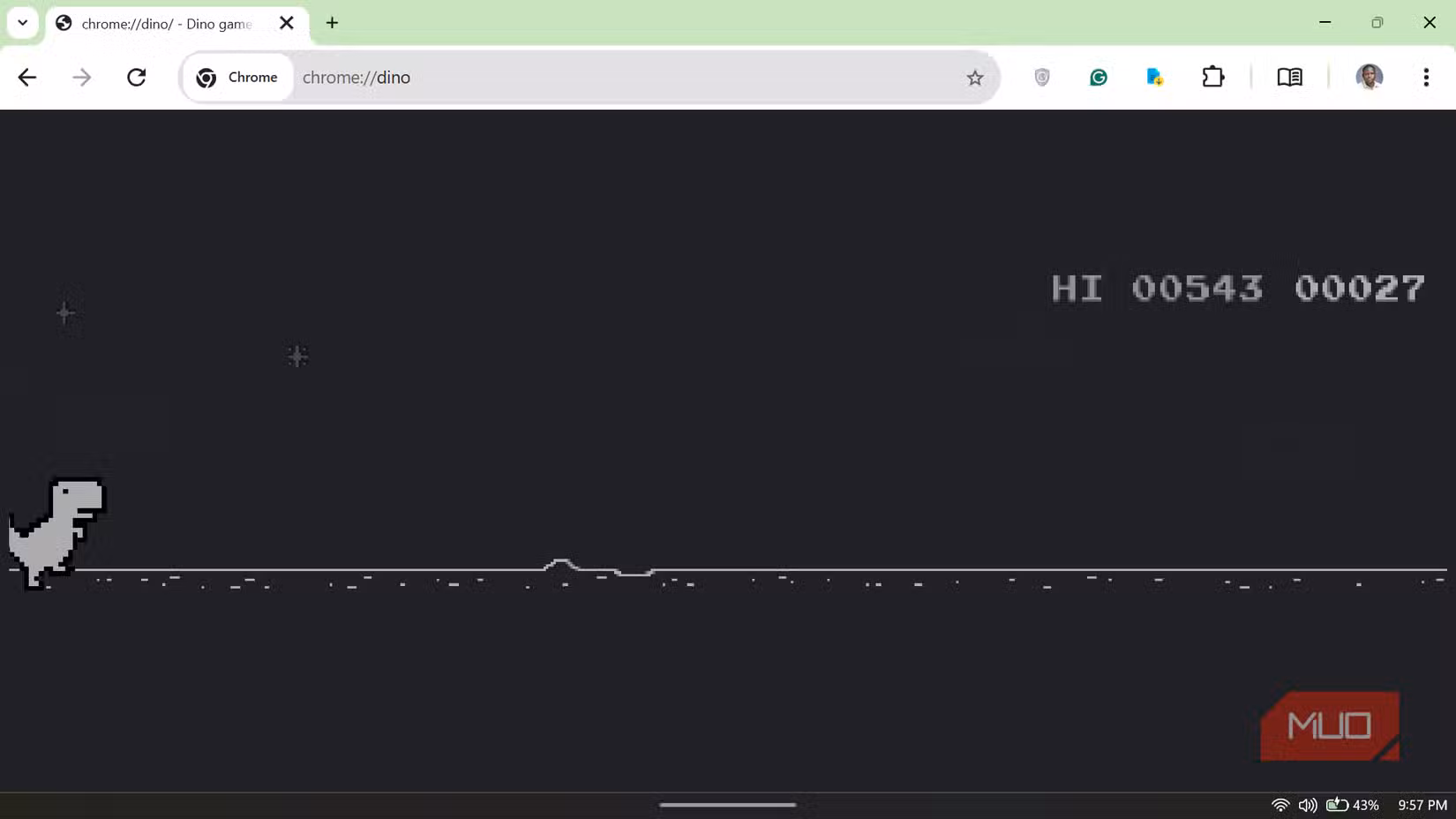 Chrome browser displaying the offline Dinosaur game in dark mode.
