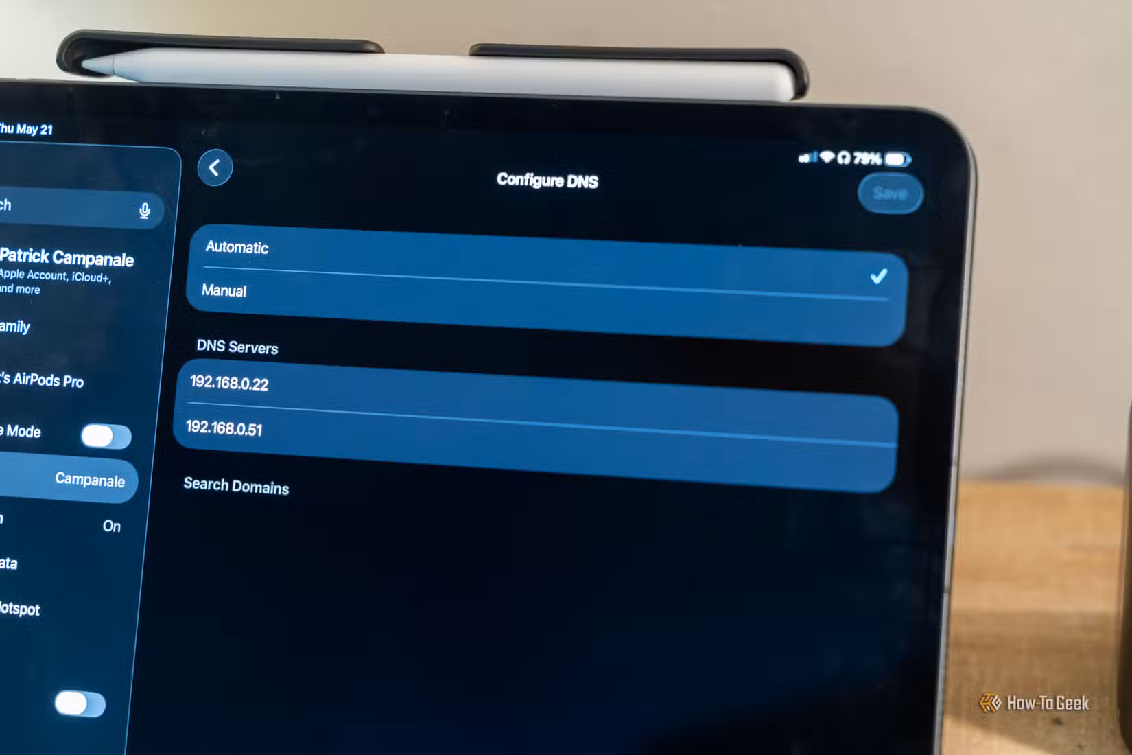 iPad manual DNS settings configured with local network DNS servers.
