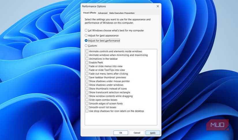 Adjust for best performance option on Windows