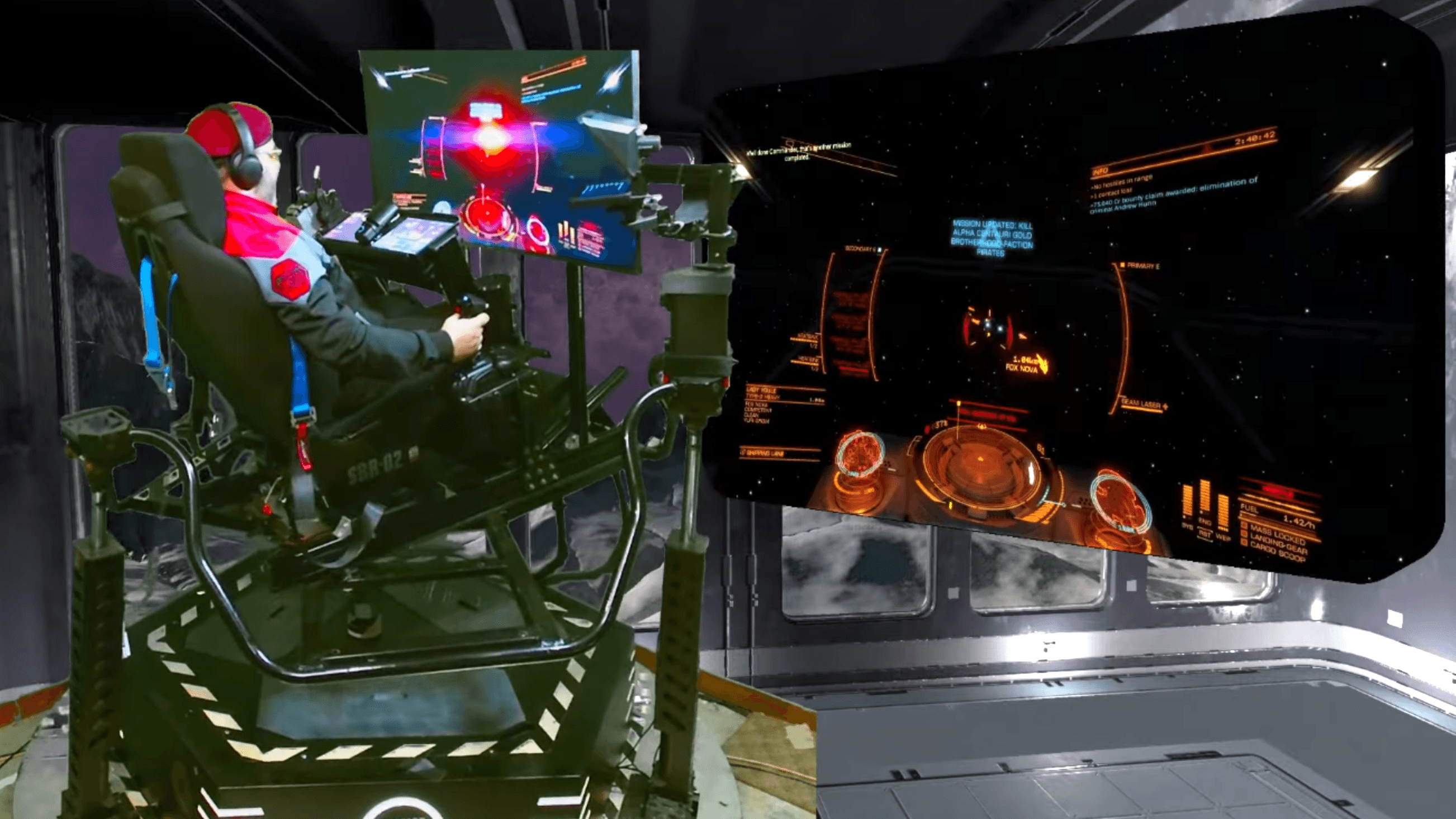 A green-screened picture-in-picture stream of CMDR Wacko piloting the SimStarr rig to play Elite Dangerous.