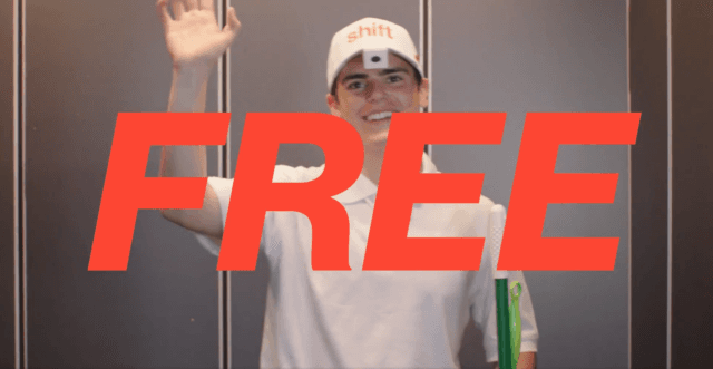 A person wearing a white hat with the word "Shift" and a camera attached to the hat brim is waving and smiling while holding a cleaning mop and Swiffer. The word "Free" in big red letters is in the foreground.