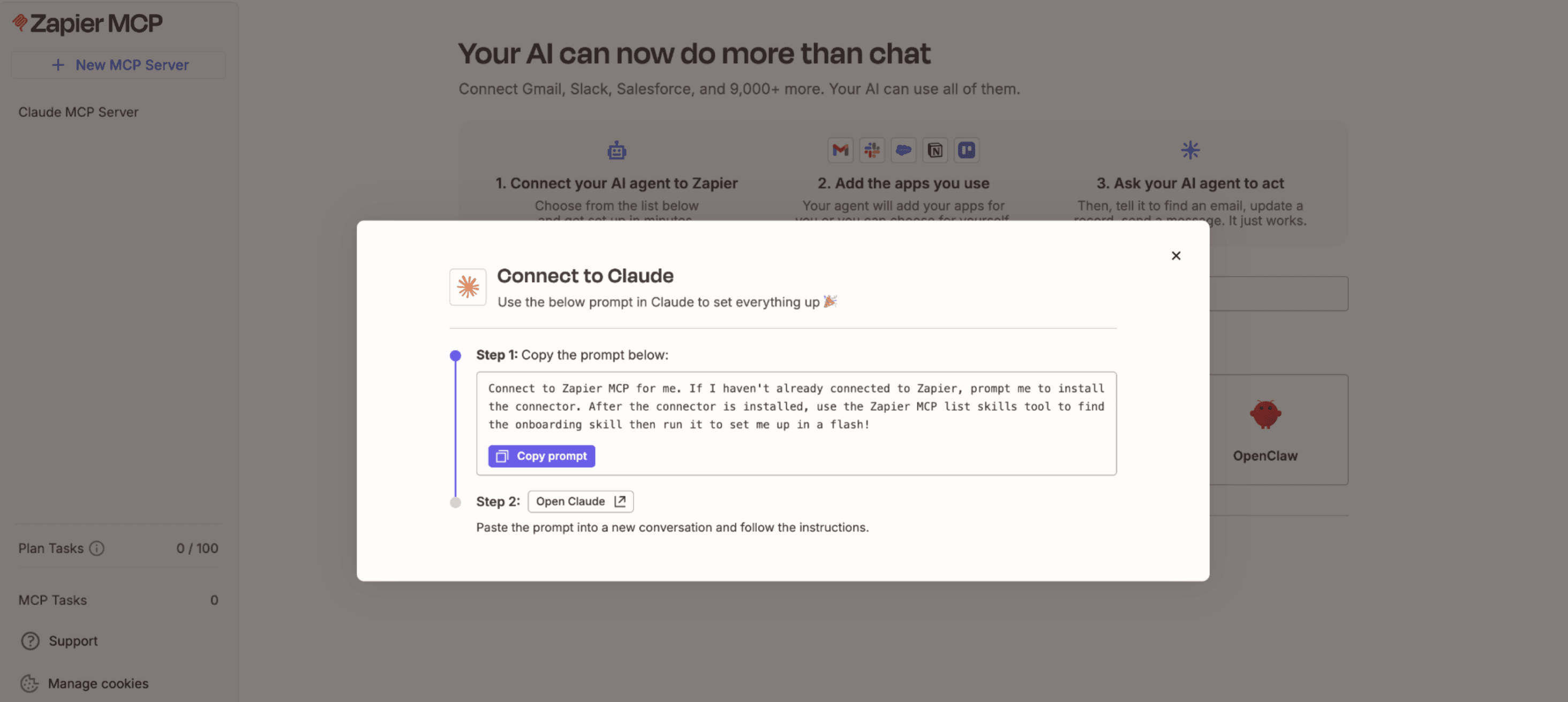 Instructions for installing Zapier MCP in Claude, in the Zapier MCP dashboard