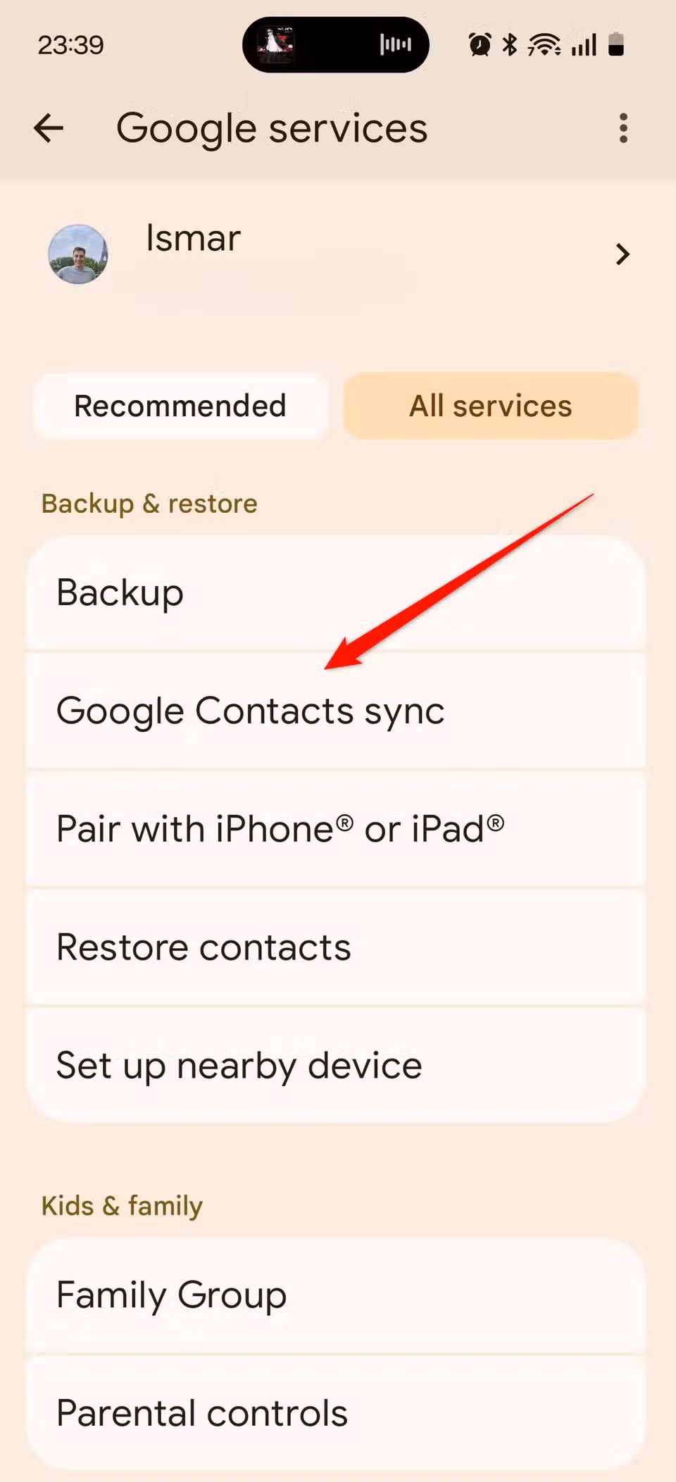 The Google Contacts sync option under backups.