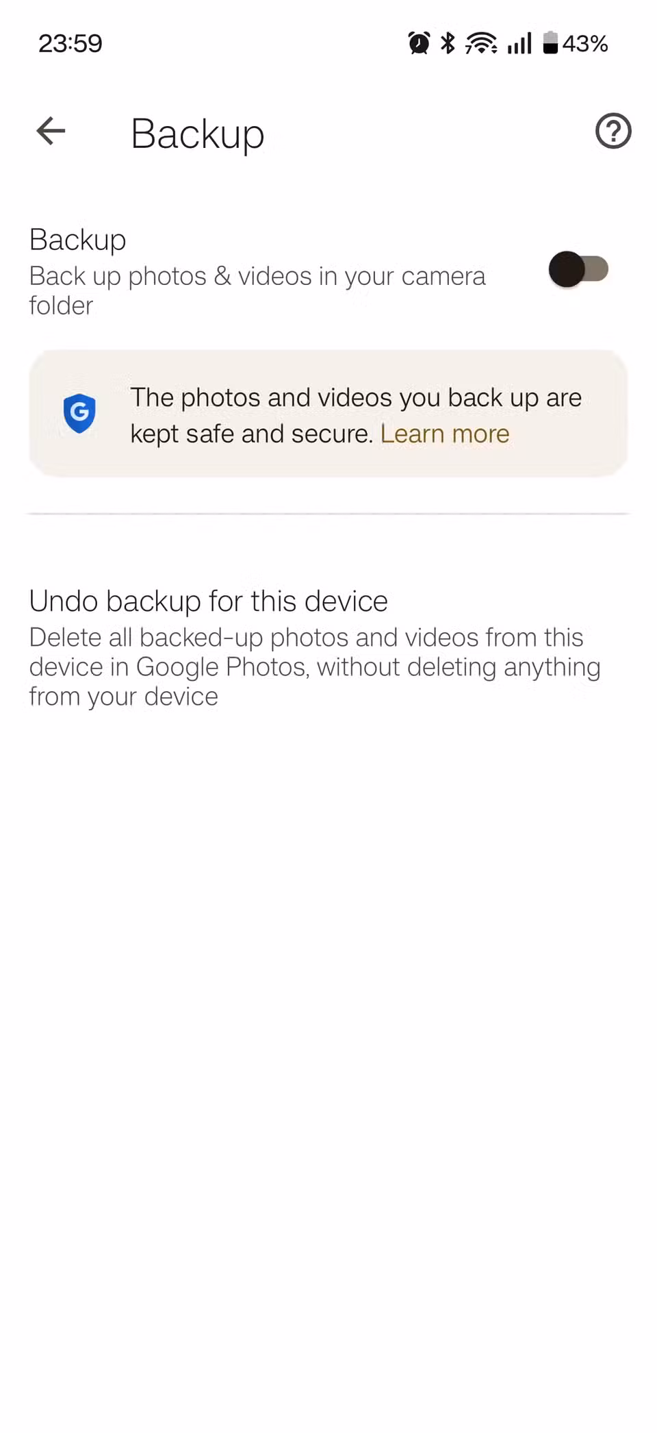 Backups turned off in Google Photos.