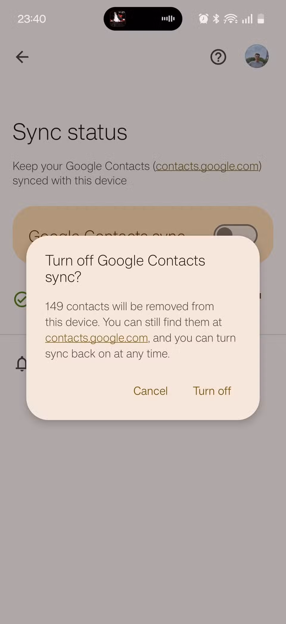 The Google Contacts sync option being disabled.