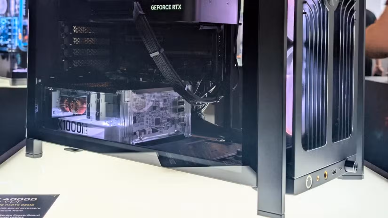 A Corsair transparent PSU prototype mounted inside a case.