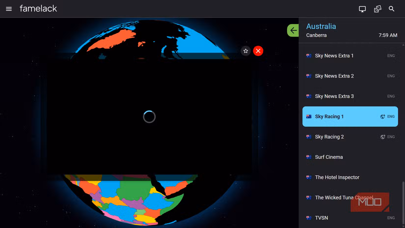 famelack TV interface displaying a locked Australian channel Sky Racing 1.