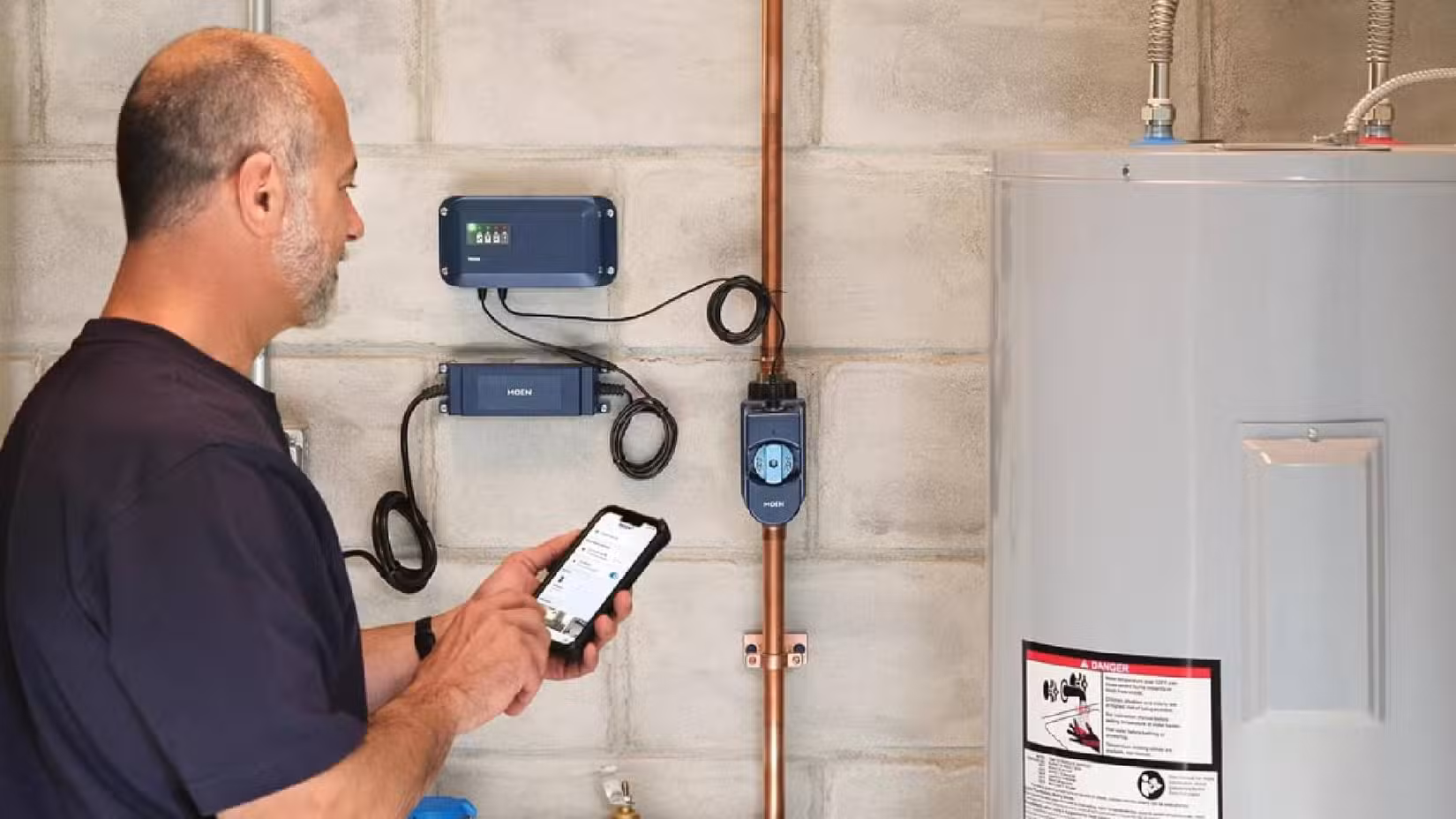 A man using the Moen Flo smart water shutoff system.