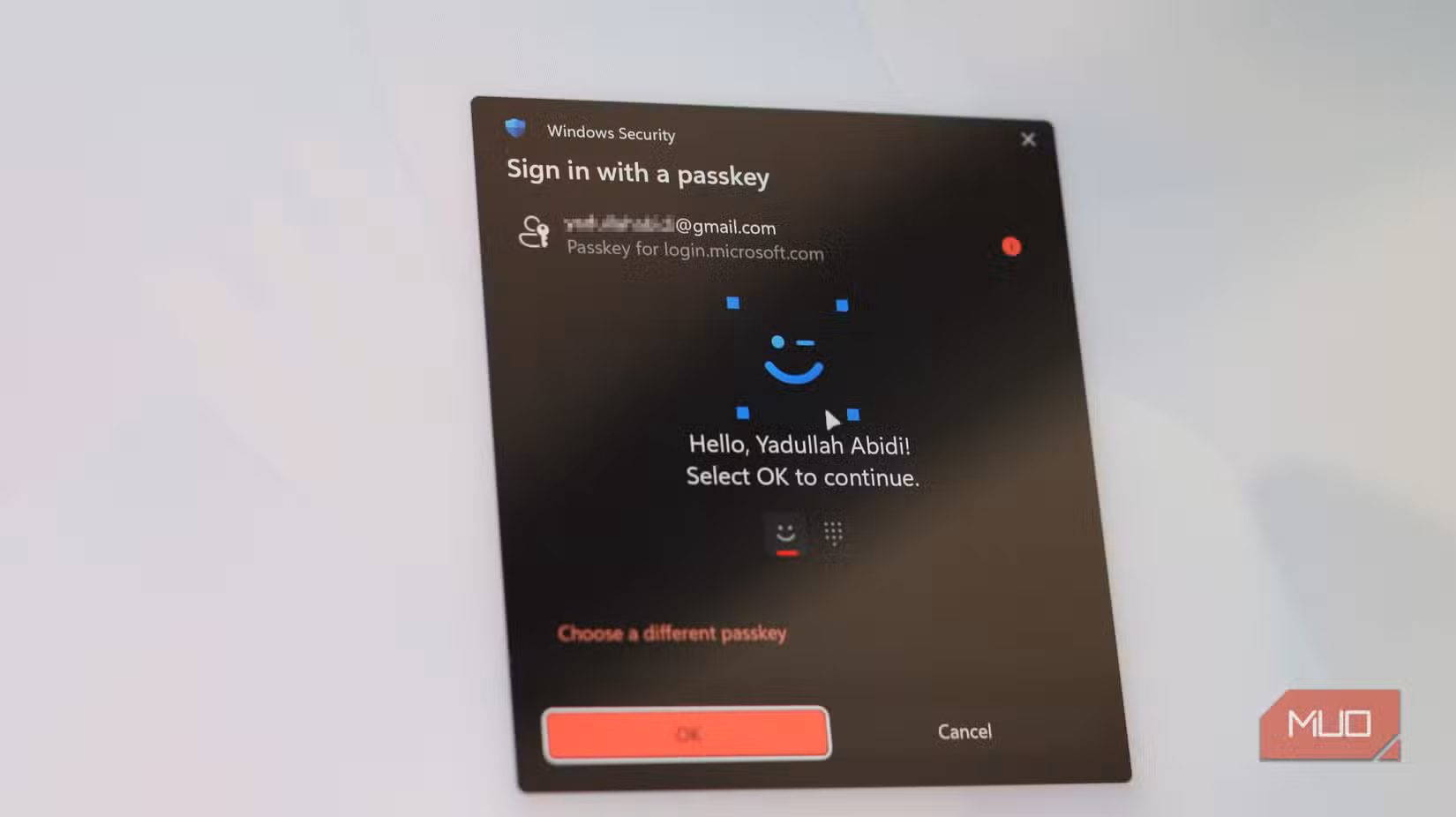 Windows Hello passkey prompt on Windows 11.