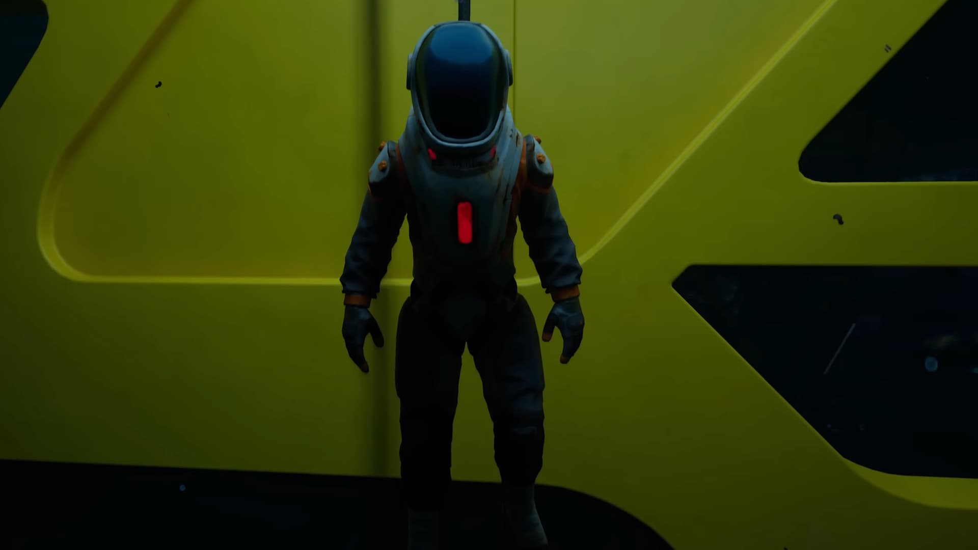Subnautica 2 trailer still - deep-sea diving suit hanging in front of a yellow wall