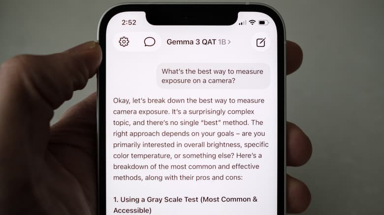 A Gemma 3 chatbot responds to a question about camera exposure.