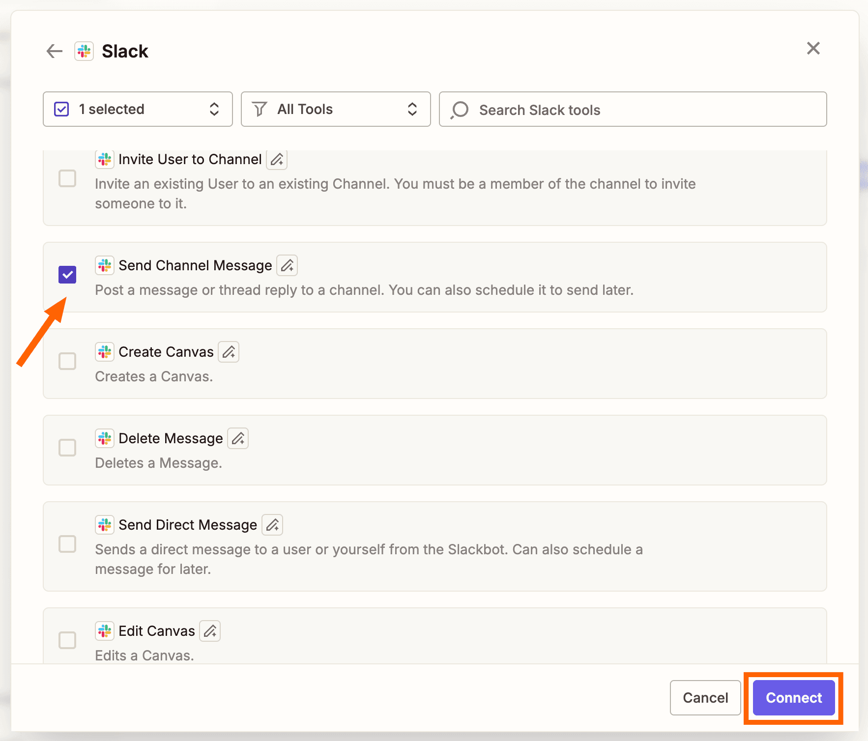 An orange arrow points to a checked checkbox next to the Send Channel Message MCP action.