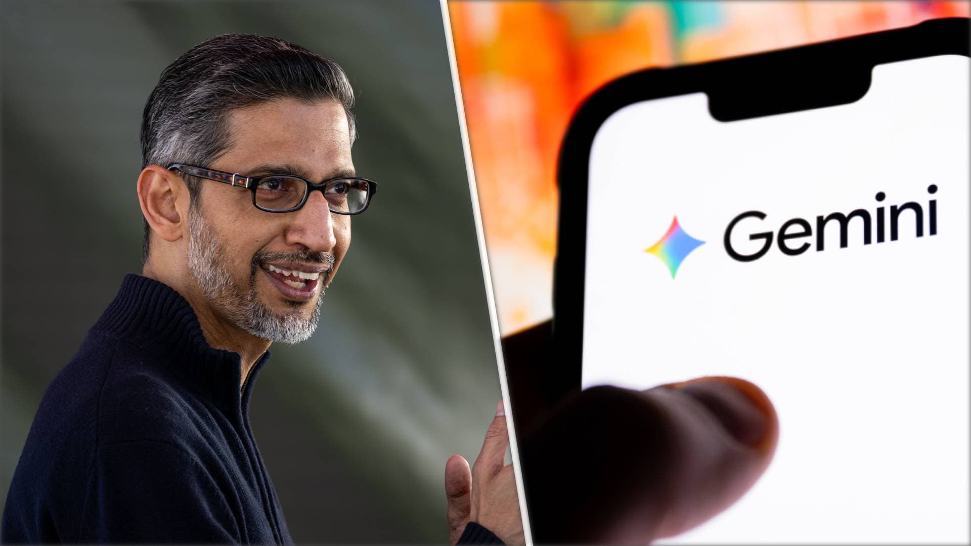 Google CEO Sundar Pichai is seen smiling on the left hand panel of this image. On the right hand panel is a photo illustration of some one using Google Gemini on their phone.