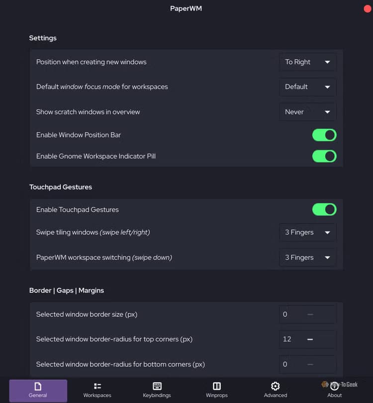 Screenshot of papervm GNOME extension settings and options