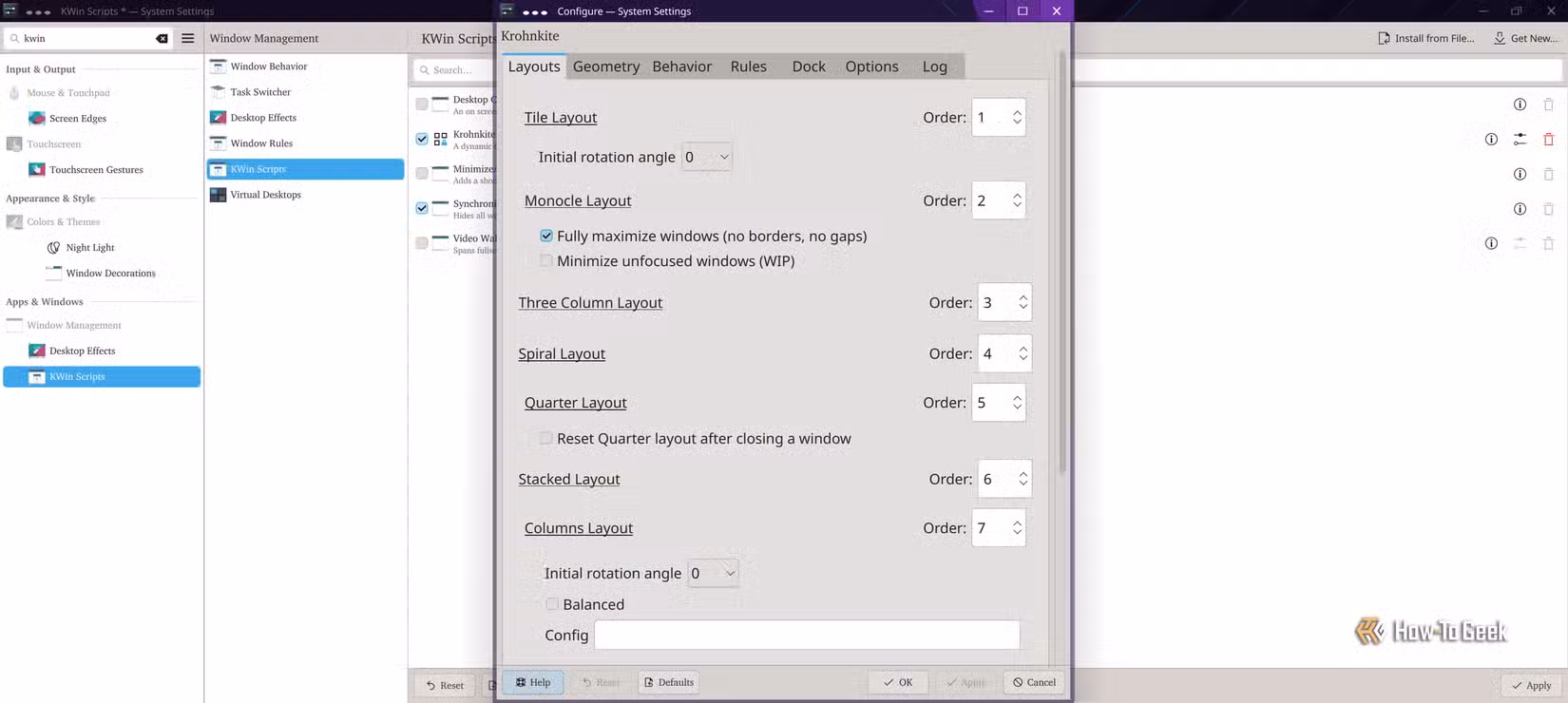 kwin scripts Krohnkite for tiling and windows management