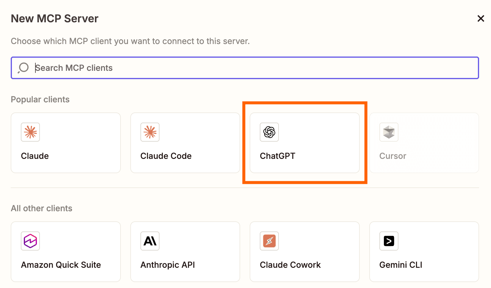 Under New MCP Server, an orange box is shown around ChatGPT.