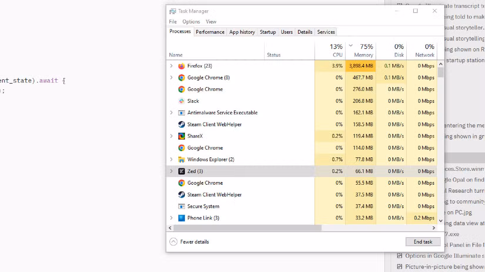 Task Manager showing how few resources Zed takes up