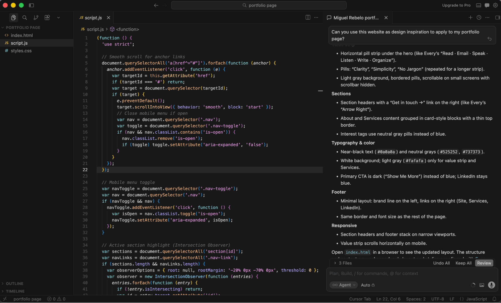 Cursor's code editing view, adopted from the VS Code standard.