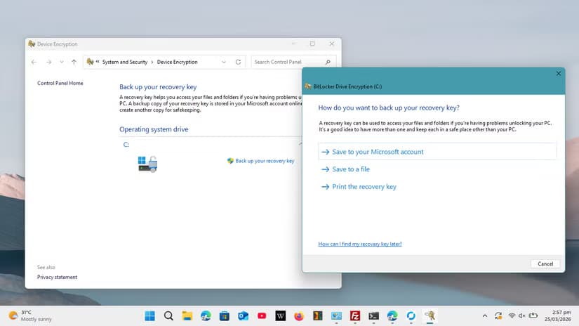 Backing up the BitLocker recovery key using the Control Panel.