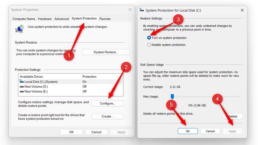 Turning on the system protection feature in the System Properties window.