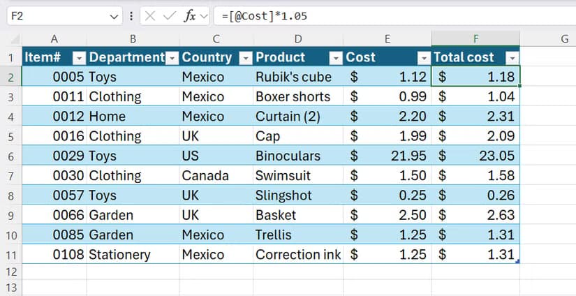 An Excel table with a hard-coded value inside a total cost formula multiplier showing in the formula bar.