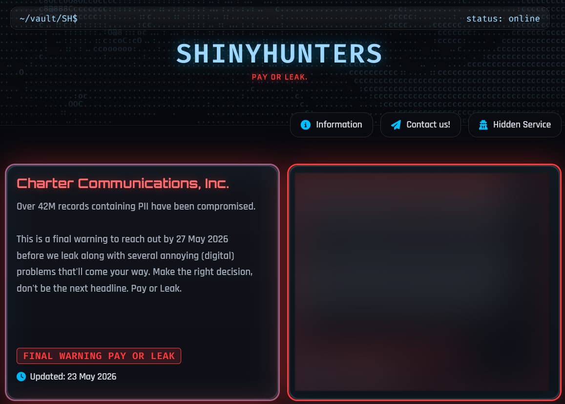 Charter listing on the ShinyHunters data leak site