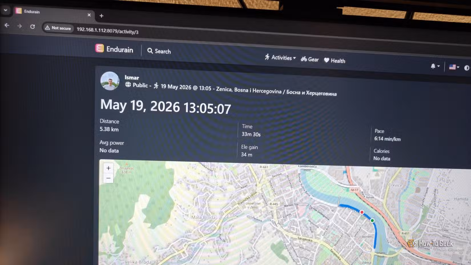 Endurain running on a computer, showing fitness data.