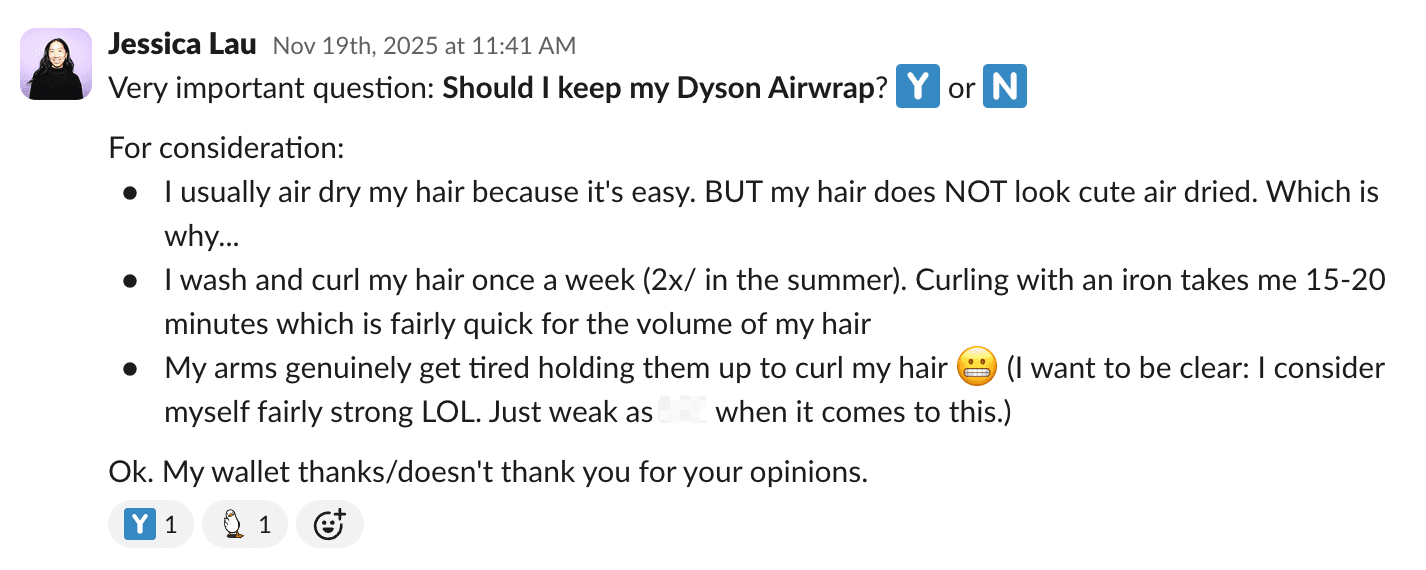 Example of a Slack poll voted on with emoji reactions.
