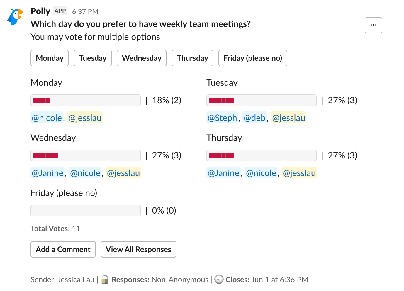 Slack poll sent to a Slack channel via Polly.