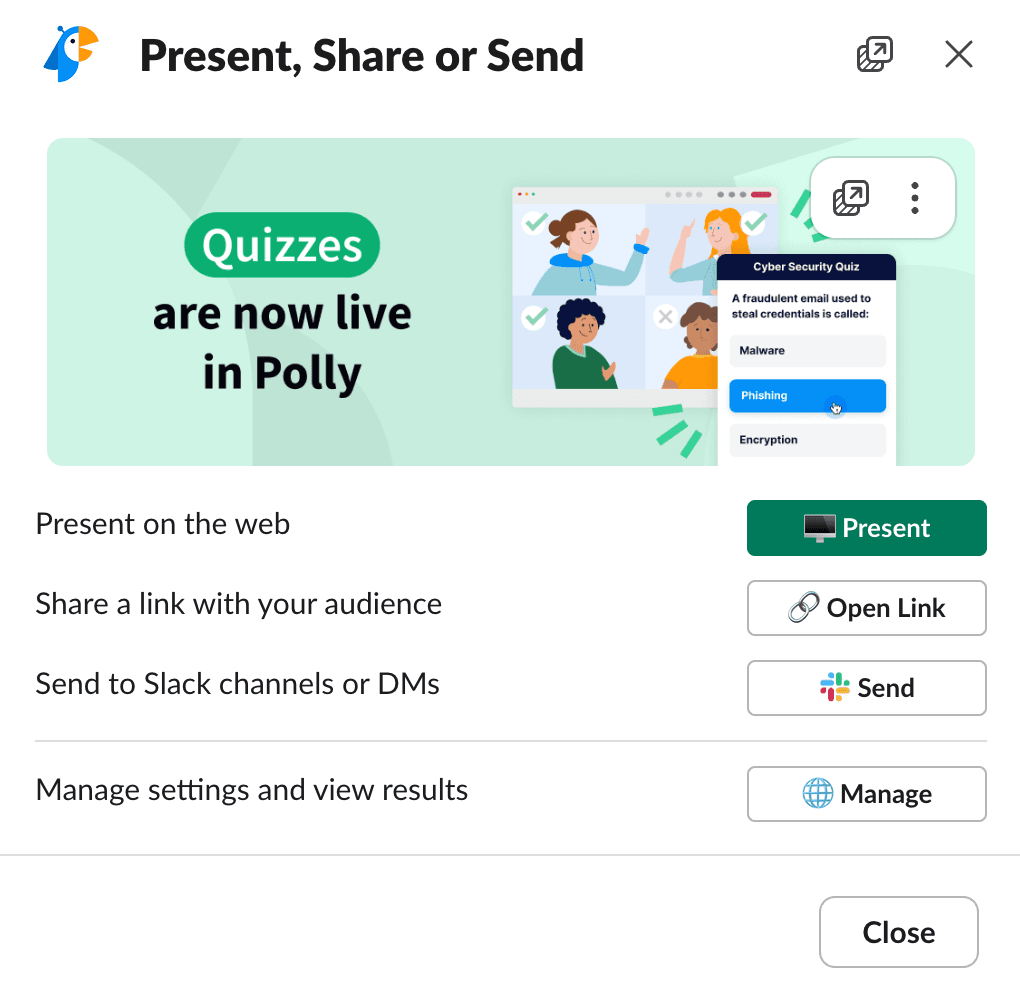 List of ways to share a Slack poll created via Polly.