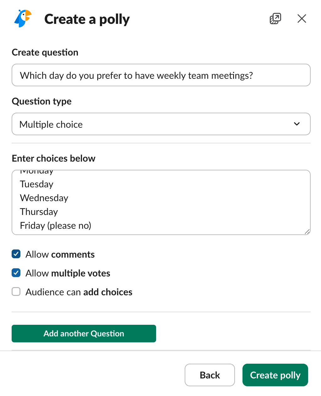 Creating a Slack poll via Polly.