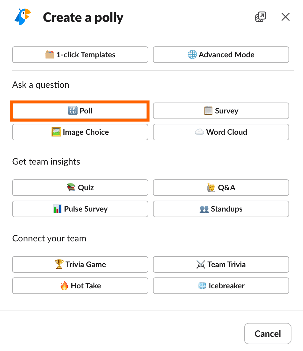 Grid of options for different types of polls and surveys you can create with Polly. The poll option is highlighted.