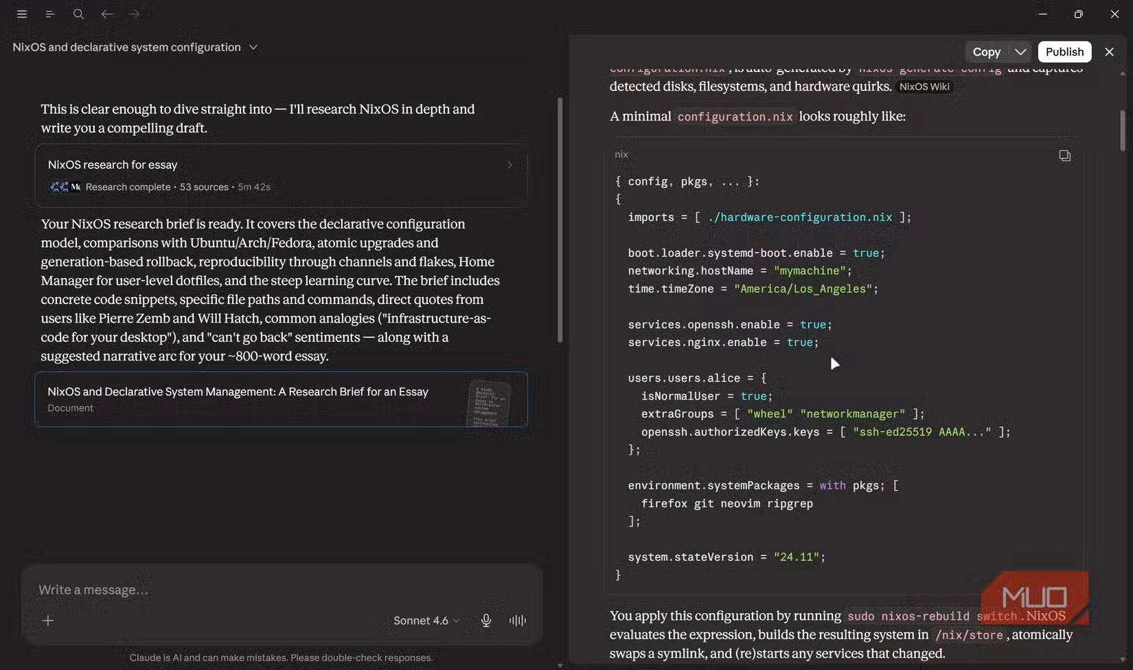 Claude artifacts NixOS research brief.