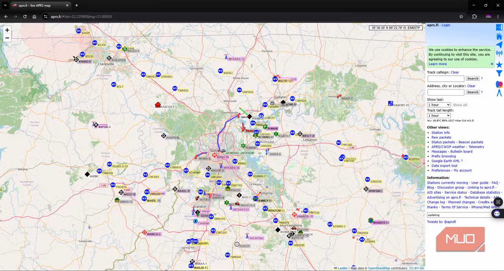 APRS.fi website map showing active APRS beacons and stations