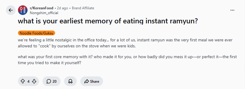A Reddit post from Korean ramyun brand Nongshim
