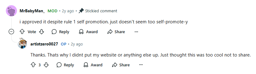 A moderator on Reddit saying that something isn't too self-promote-y