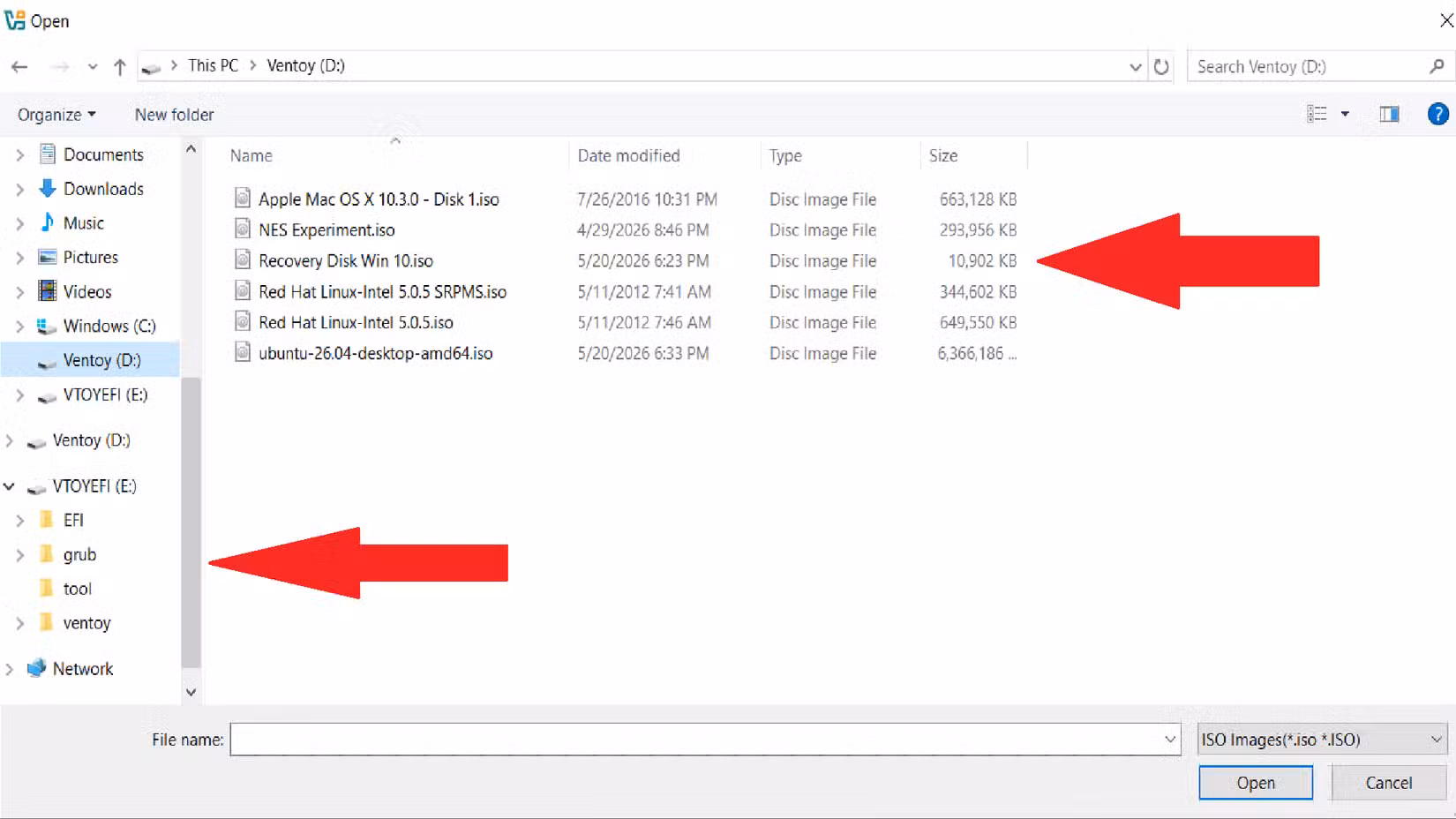 The Ventoy USB stick in Windows, showing the ISO files contained on the disc and the Ventoy app itself.