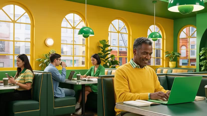 People working in a bright yellow and green restaurant.