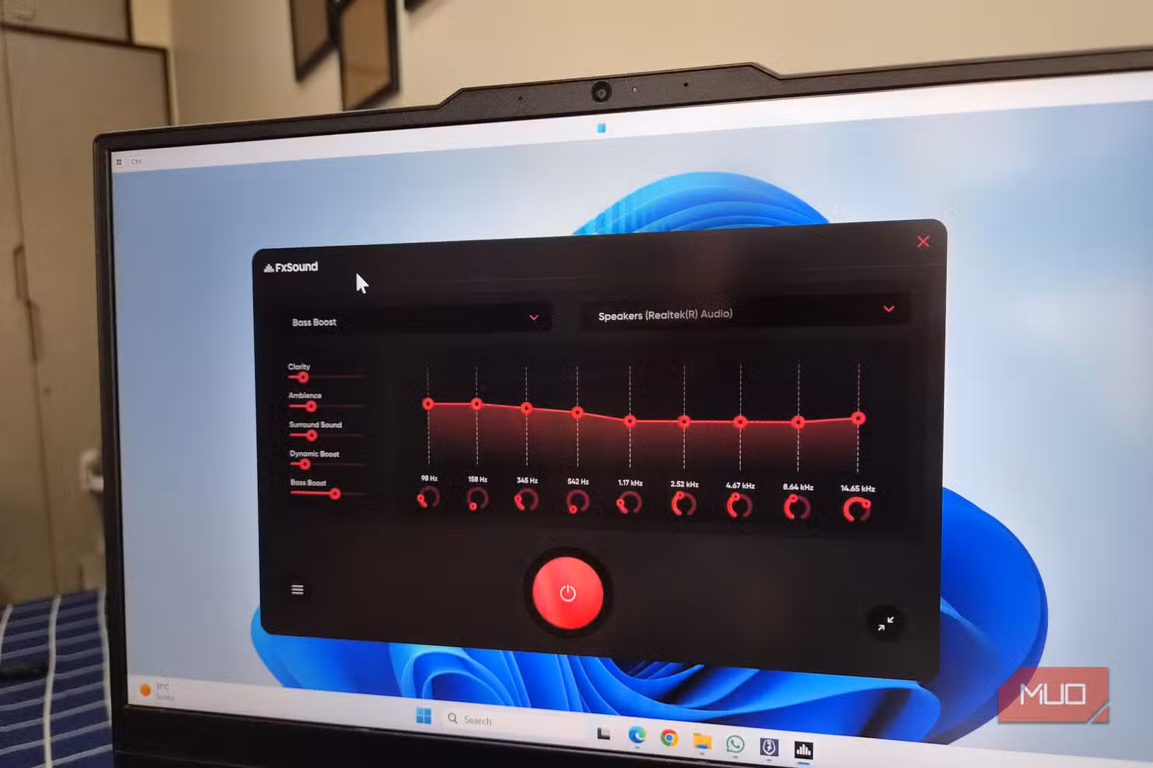Windows 11 laptop showing FxSound app on desktop