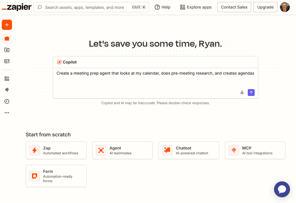 The Zapier dashboard, where you can launch an automation with AI