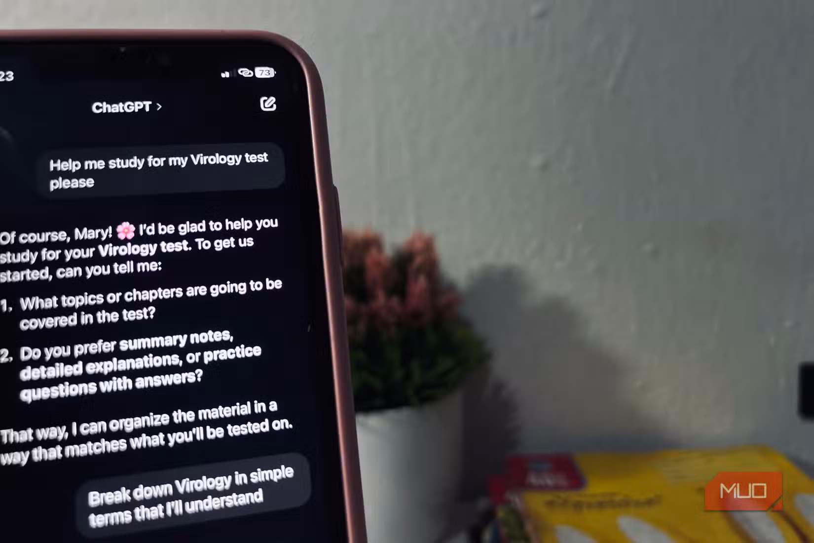 Image of a smartphone with a prompt in ChatGPT by a student