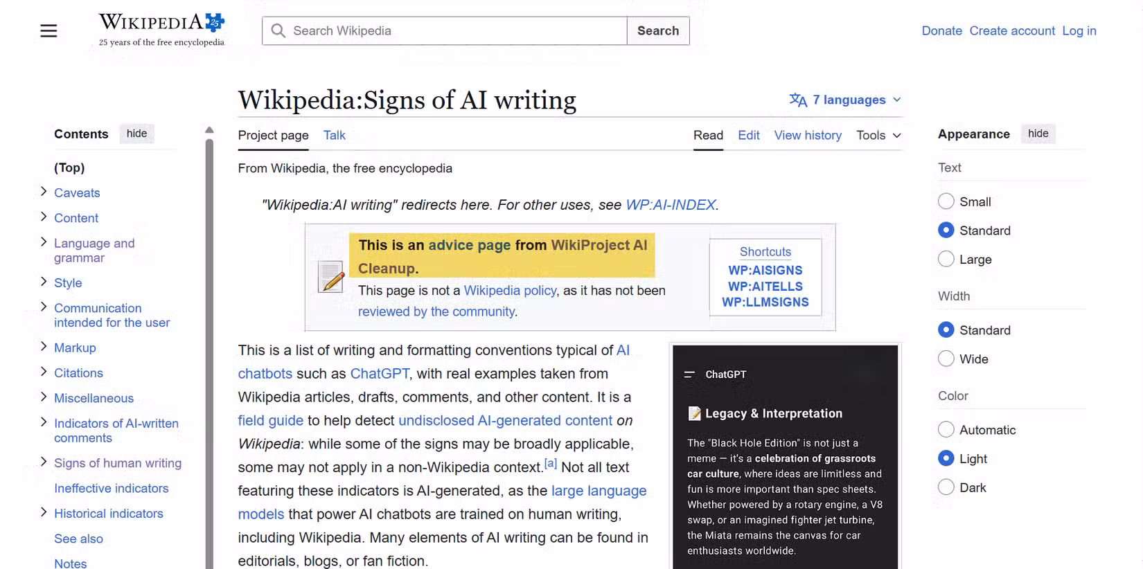 The top of Wikipedia's Signs of AI Writing page showing the title and table of contents.